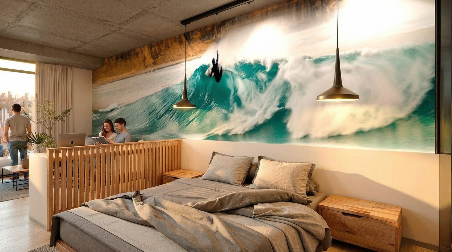 Dormitorio con el mural de la ola