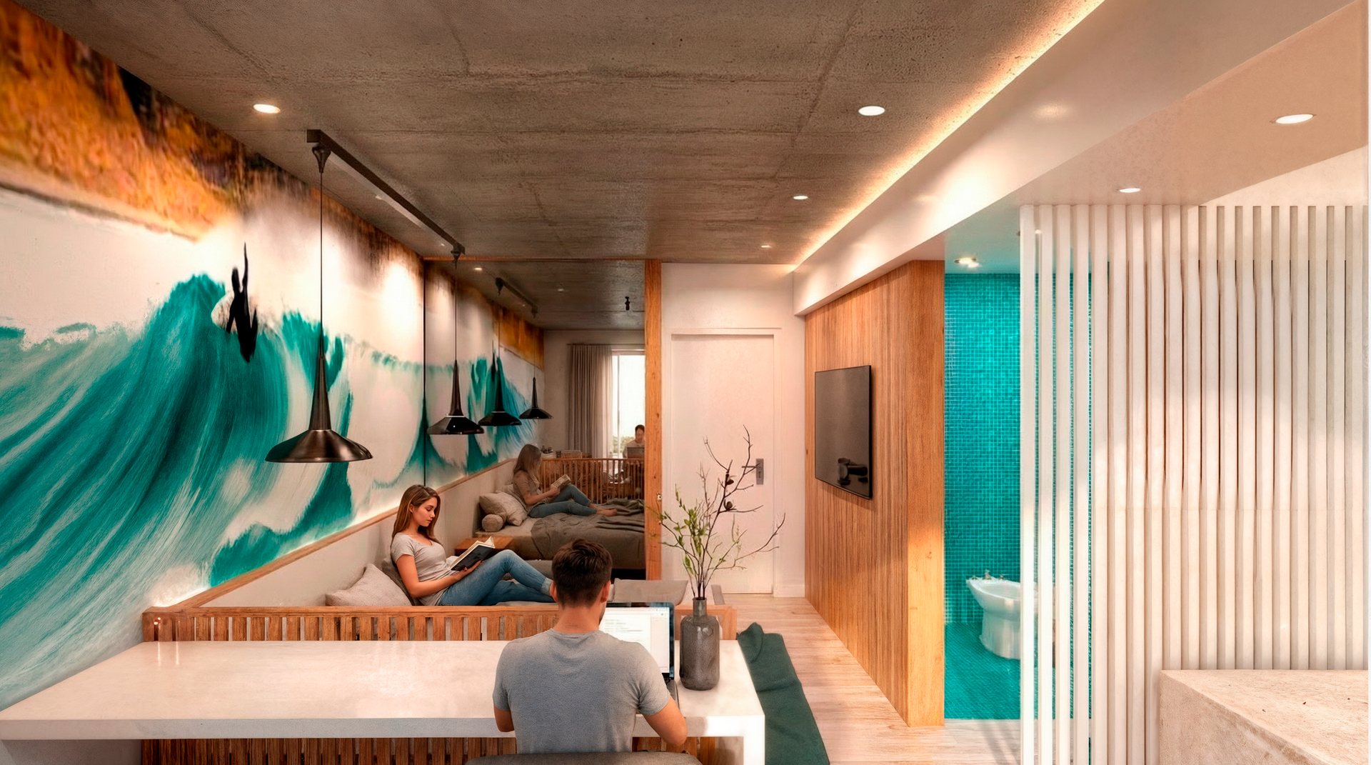 Living integrado con el mural de la ola