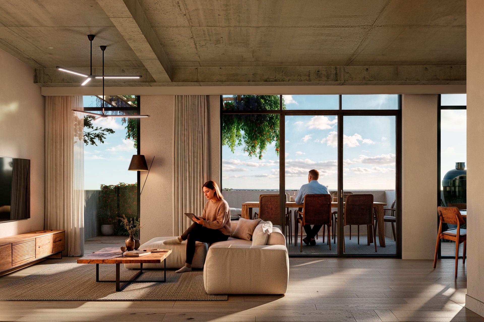 Penthouse: living abierto a la terraza